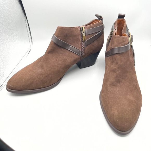 Franco Sarto Bootie Women's Giada Brown Vegan Suede Side Zip Chunky Heel Sz 7.5M - Picture 2 of 11